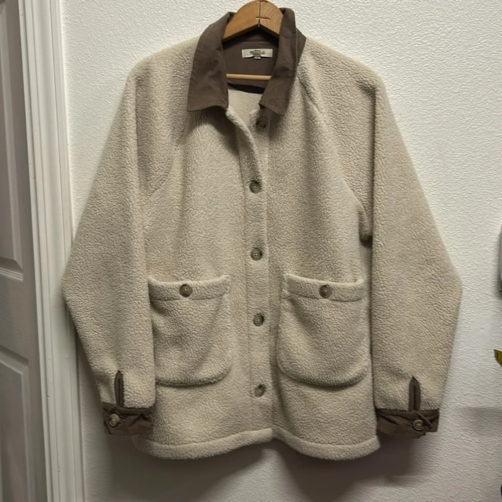Madewell Corduroy-Trimmed (Re)sourced Sherpa Terry Chore Coat Large Brown Beige - Picture 6 of 16